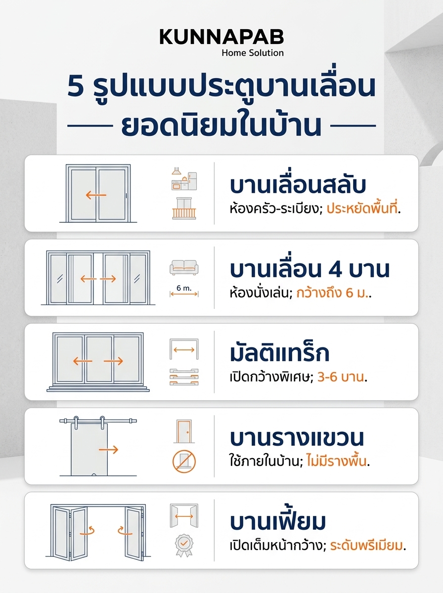 อินโฟกราฟิกแสดง 5 รูปแบบประตูบานเลื่อนยอดนิยม พร้อมจุดเด่นการใช้งานแต่ละแบบ
