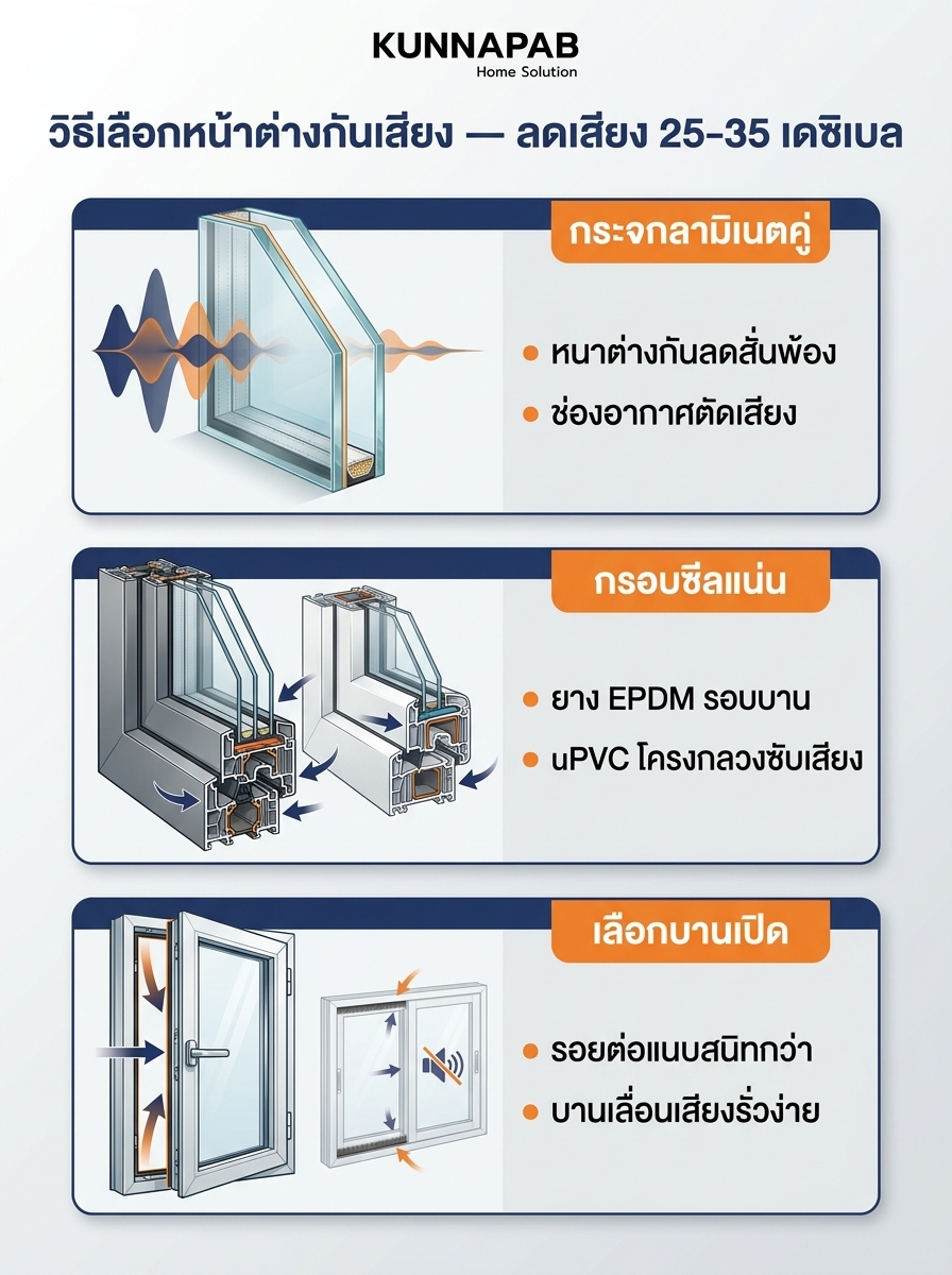 อินโฟกราฟิกวิธีเลือกหน้าต่างกันเสียง กระจกลามิเนต กรอบซีลแน่น และชนิดบานเปิด