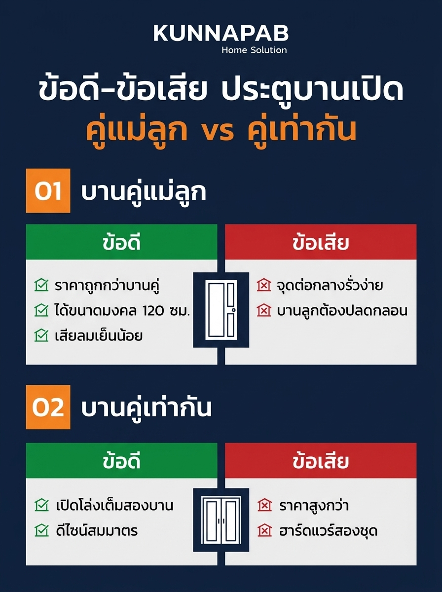 อินโฟกราฟิกข้อดีข้อเสียประตูบานเปิดคู่แม่ลูกเทียบบานคู่เท่ากัน