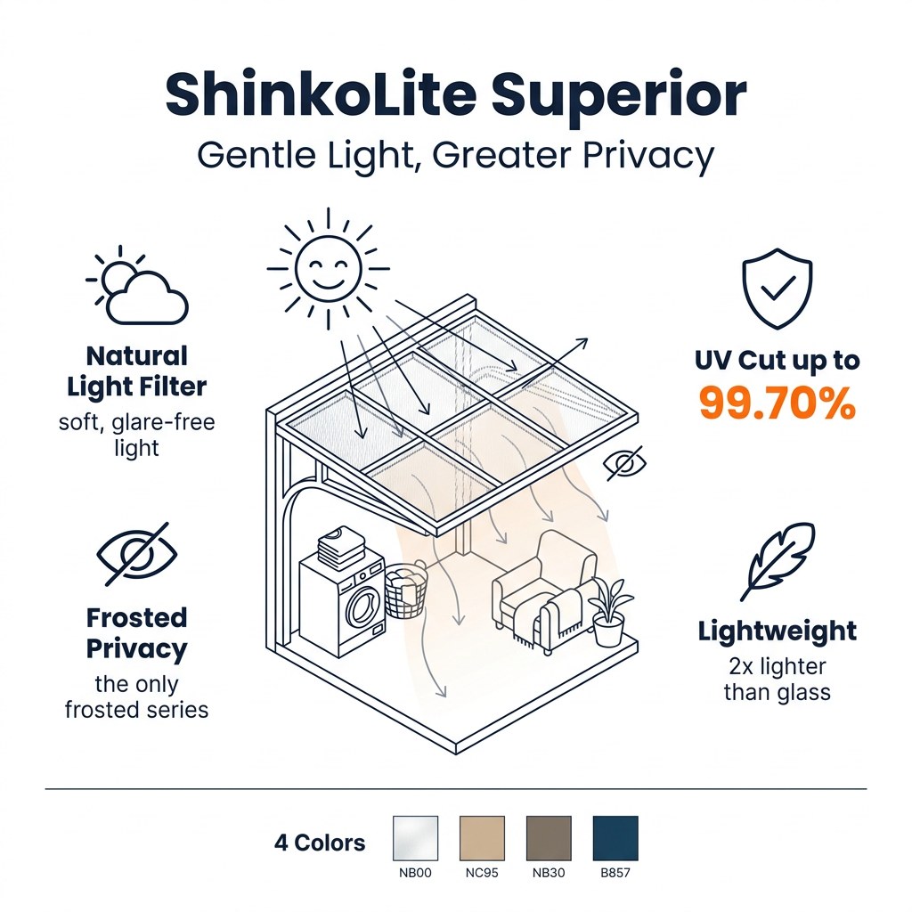 อินโฟกราฟิกสรุปจุดเด่น ShinkoLite Superior แผ่นกรองแสง 4 เฉดสี รุ่นเดียวที่มีสีฝ้าพรางสายตา กัน UV สูงสุด 99.70%